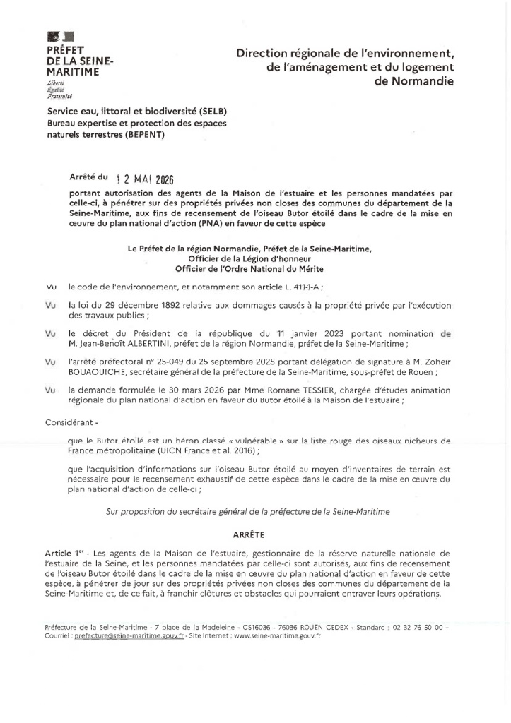 Arrêté recensement Butor Étoilé